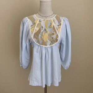 Vintage 70s Calico Patchwork Prairie Quilt Cottage Core Puff Sleeve Top S